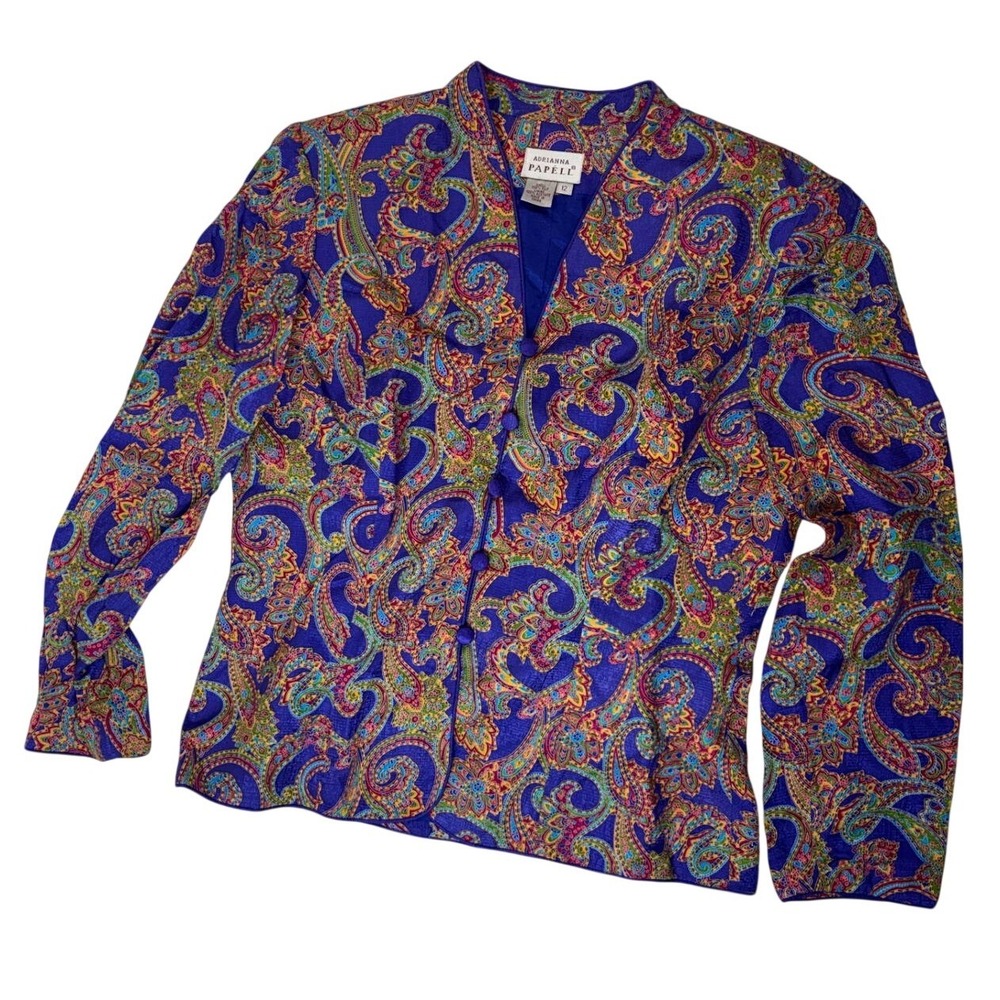 Vintage Adrianna Papell 100% Silk Paisley Blazer Blue Purple‎ Jewel Tone Size 12